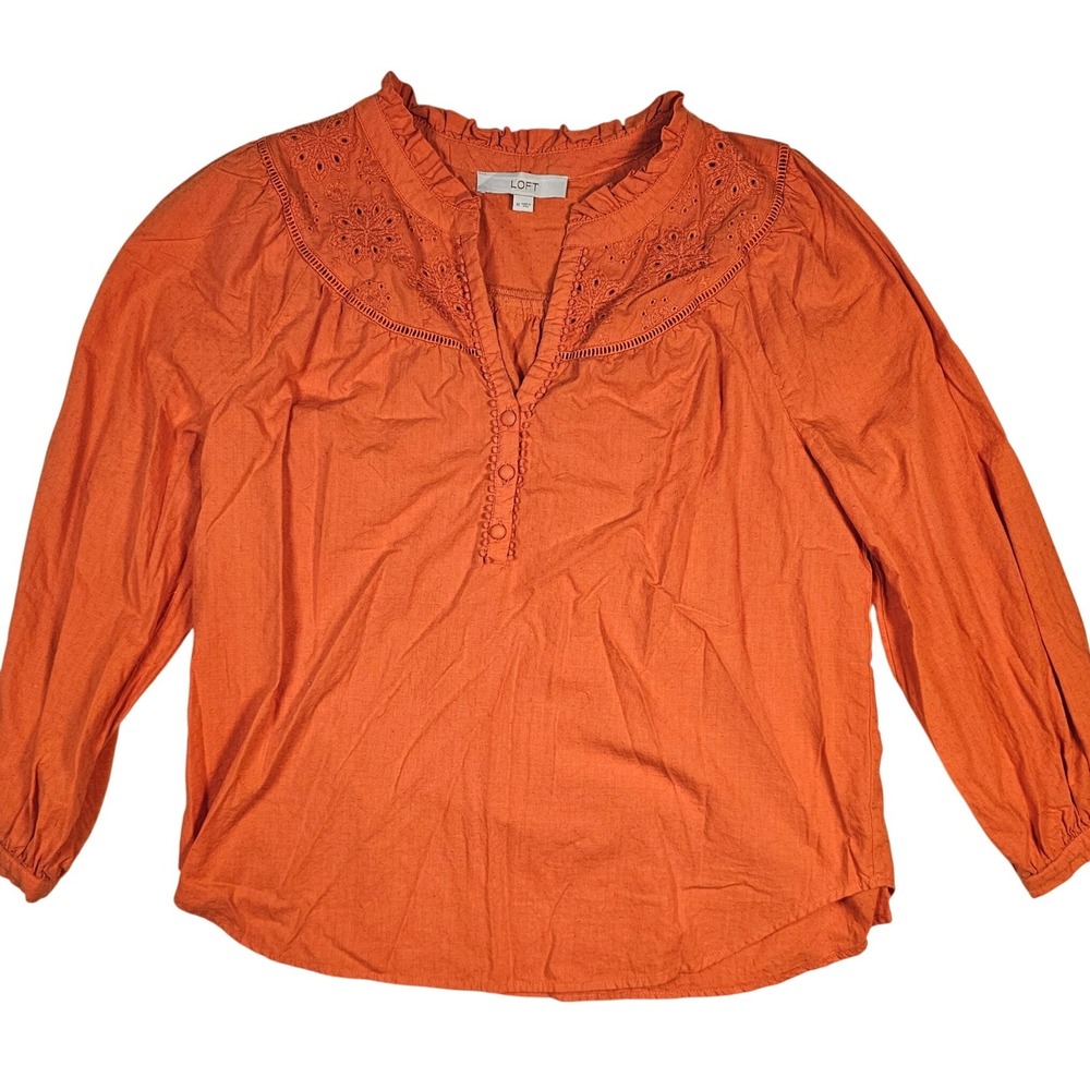 LOFT Burnt Orange Eyelet Embroidered Dobby Cotton Blouse Size Medium Long Sleeve